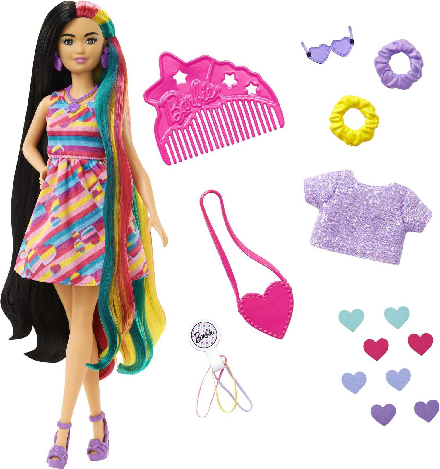 Barbie Totally Hair pop met zwart en regenboogkleurig haar inclusief stylingaccessoires
