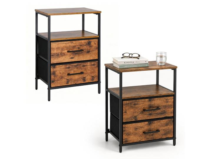 Relaxdays Nachttisch Schwarz Industrial 2er-Set, Braun, Holzwerkstoff, Metall, Textil, 38x61x28 cm, Schlafzimmer, Nachttische