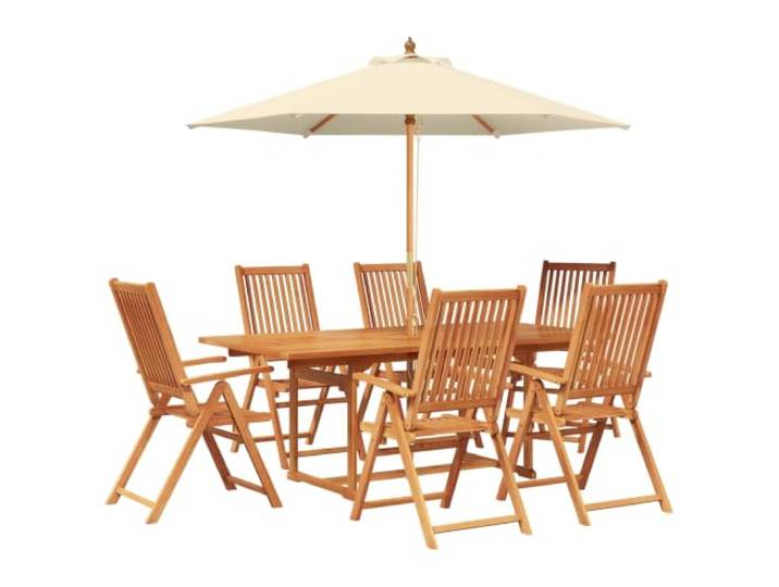 KTHLBRH Outdoor-Lunch-Set aus Akazienholz mit Sonnenschirm, 8-teilig Massives geöltes Akazienholz, ausziehbarer Tisch, Sonnenschirmloch, 5-fach verstellbare Stühle, UV-Tuch