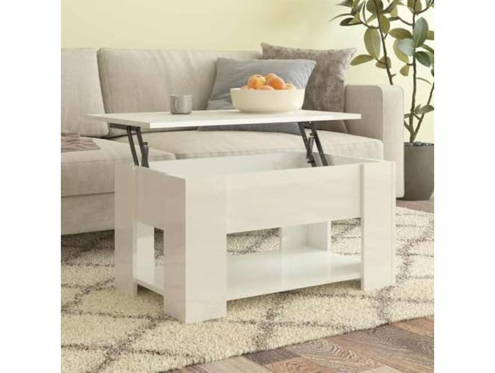 Couchtisch Hochglanz-Weiß 79x49x41 cm Holzwerkstoff mit verstellbarer Höhenverstellbar, verstecktes Staufach, Holzwerkstoff, Hochglanz, vielseitig nutzbar