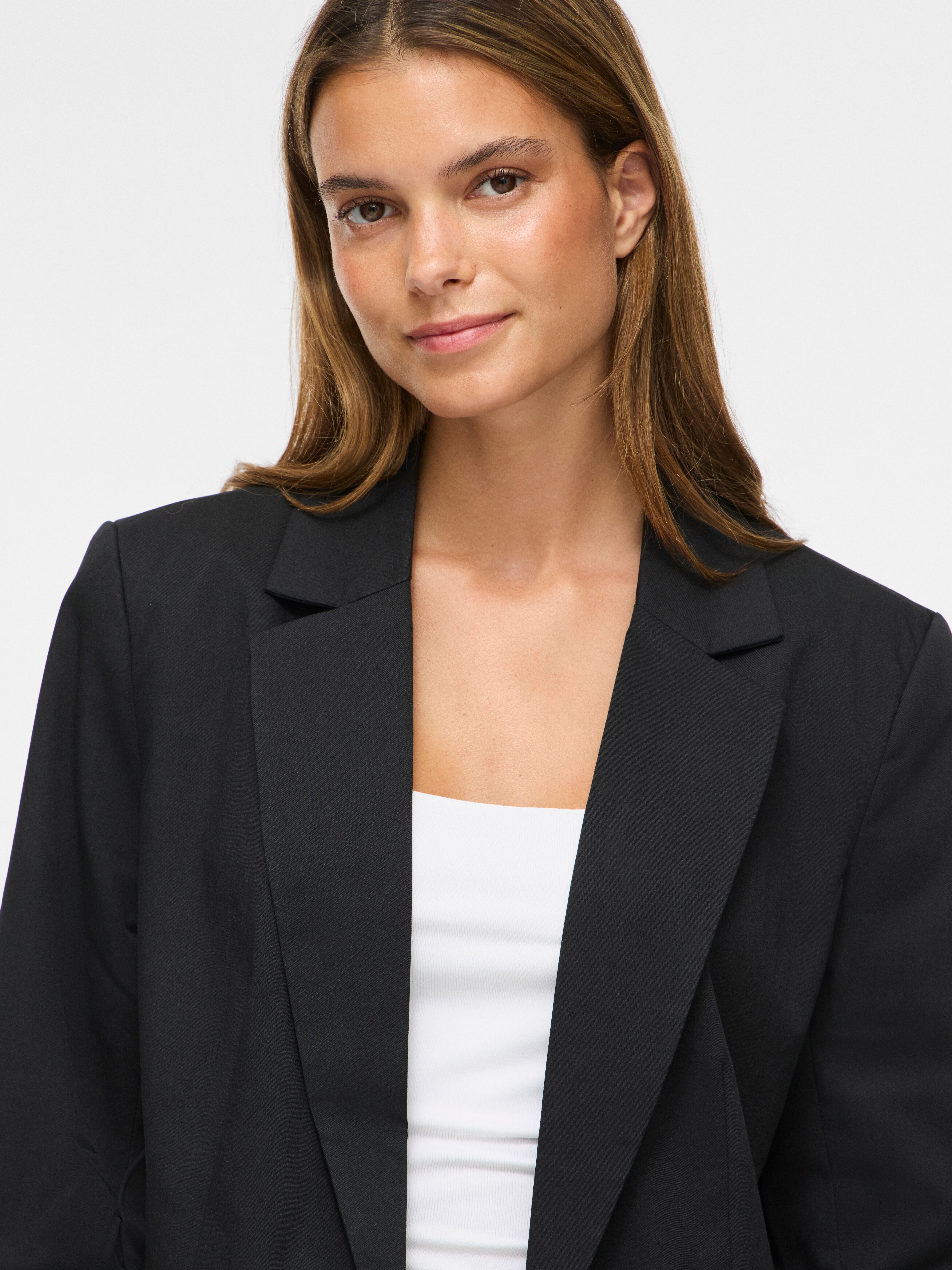 Longblazer VILA "VITILDE 3/4 BLAZER - NOOS", Damen, Gr. 38, schwarz (schwarz beauty), Web, Obermaterial: 81% Polyester, 17% Viskose, 2% Elasthan, unifarben, hüftbedeckend, V-Ausschnitt, Blazer Longblazer, Materialmix schwarz beauty 38