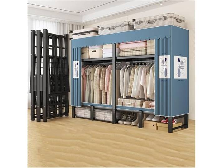 MmcdylyhEU Robuster tragbarer Kleiderschrank mit Abdeckung – Faltbarer L-Kleiderständer for Schlafzimmer und Wohnheim, robuster Kleider-Organizer(Blue1,222cm/87.4inch)