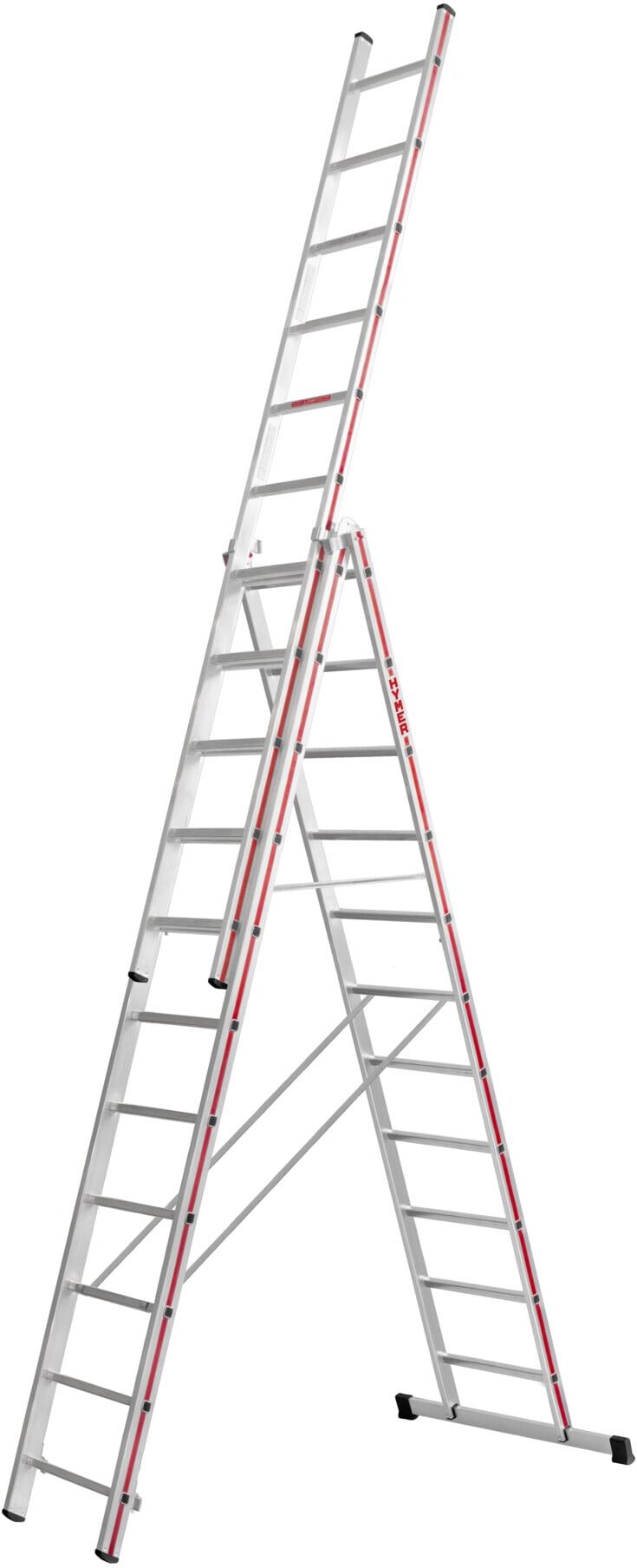 Hymer Allzweckleiter dreiteilig, 3x11 Sprossen aus Aluminium eloxiert mit Sprossen-Holm-Verbindung und Gelenken für Leiter-/Gerüst-/Anlegefunktion, 404733)