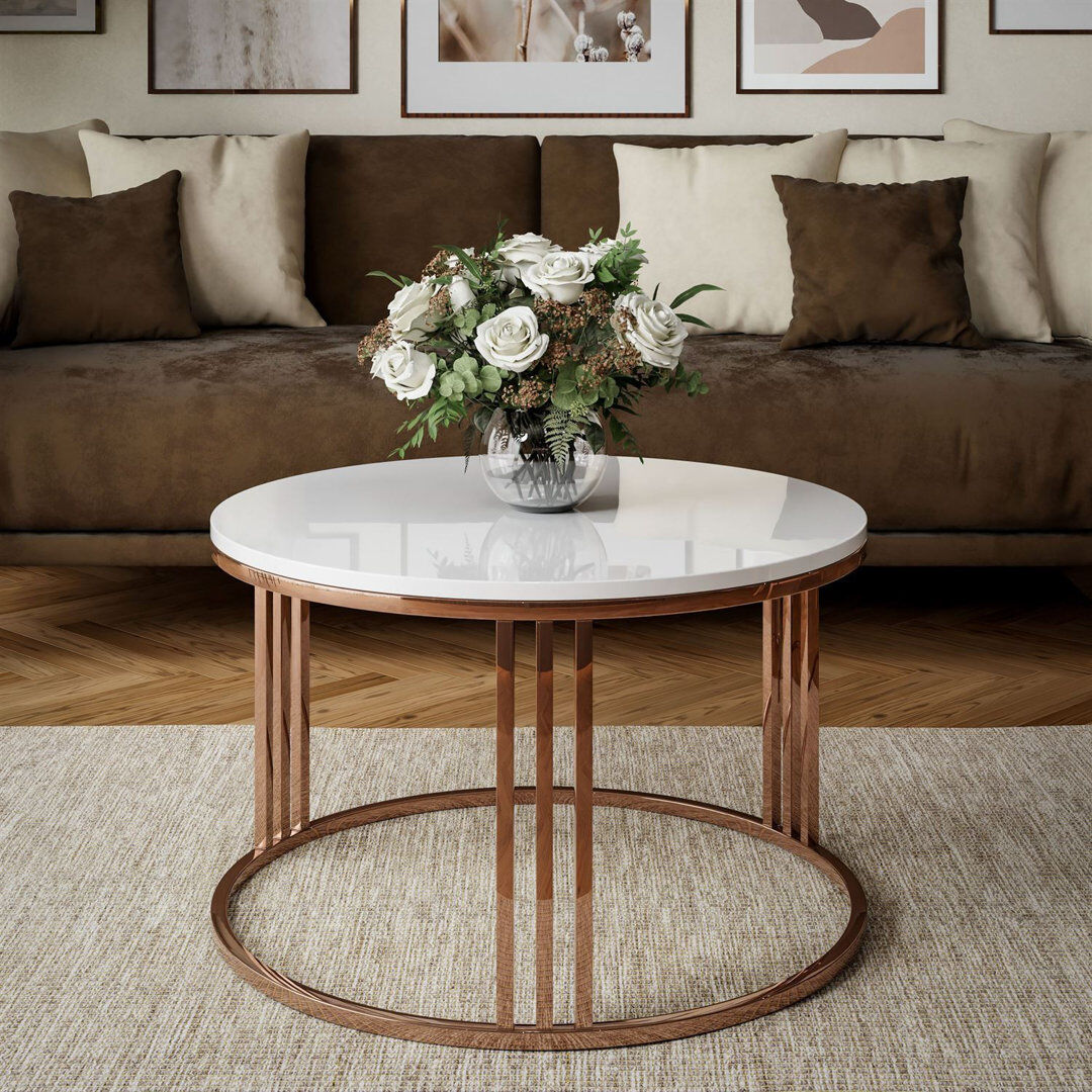 Fairmont Park Round Coffee Table – Glossy Top with Copper Frame White Gloss