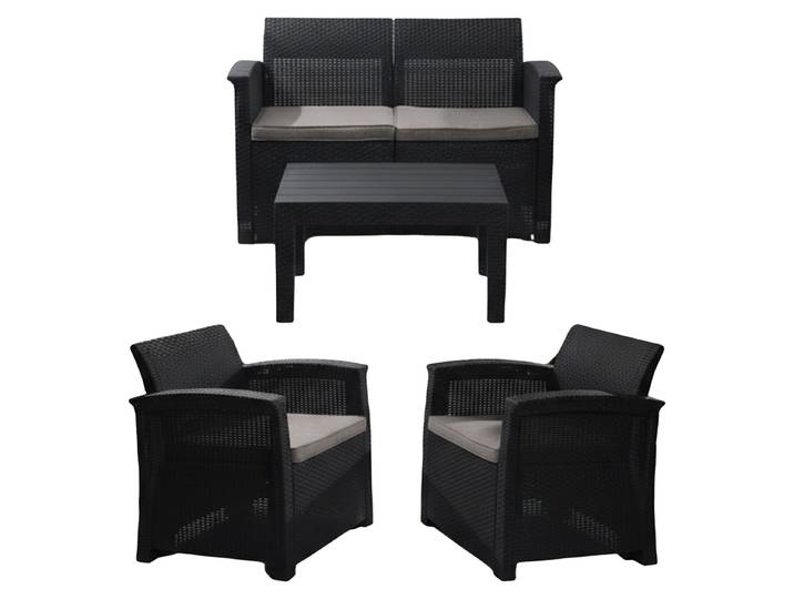 Ensemble de mobilier de jardin Relaxdays\, salon de jardin en rotin 4 pièces\, pour 4 personnes\, banc\, fauteuils et table\, mobilier de détente\, d'extérieur\, noir