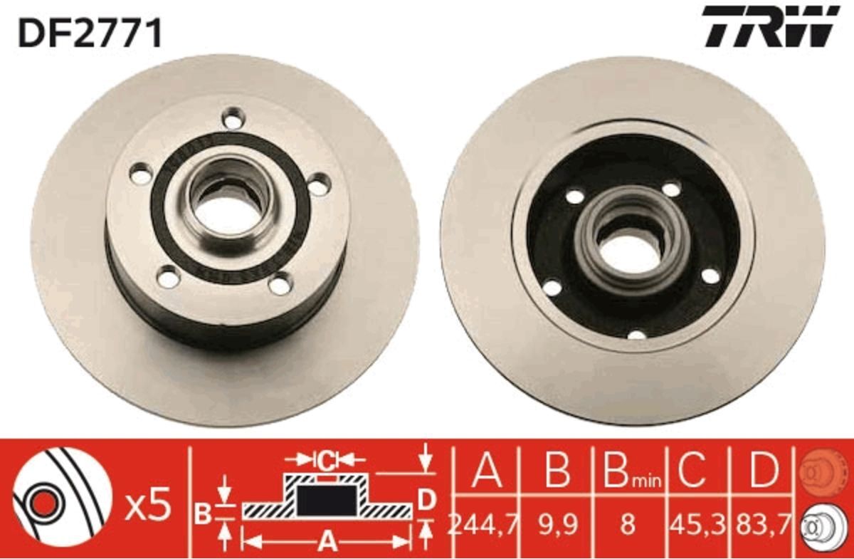 Bremsscheibe TRW DF2771 hinten, voll, 1 Stück