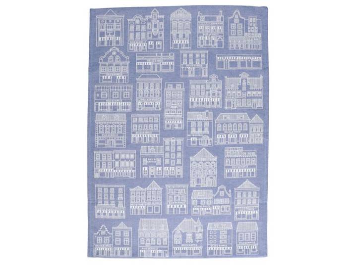 Theedoek, katoen, blauw/wit met gevelmotief