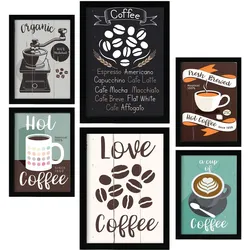 POSTER Set Mit 6 Kaffee Vollfarbige Illustrationen Von Kaffee & Getränken Im Werbetafel Illustrationen Für & Heim A3 & A4 Schwarzer Rahmen
