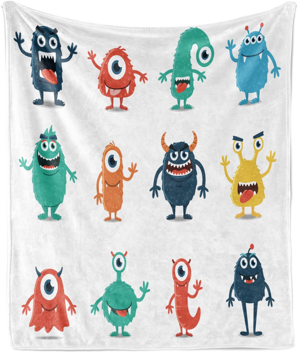ABAKUHAUS Foreigner Zachte Flanellen Fleece Deken met Kleurrijk Monster Grafisch Ontwerp, Meerkleurig Wit, 175 x 230 cm