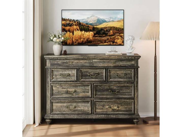 Commode moderne de style campagnard - LUNSY - 9 tiroirs - Effet bois - Poignées vintage - 120x40x87 cm - Polyvalente