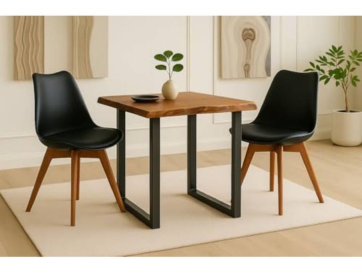 SAM 3-TLG. Essgruppe Josy 80x80 cm, Nussbaum-Optik, 2X Stuhl Schwarz Holz Nussbaum-Optik, 40 mm Platte, U-Gestell Schwarz, 2X Schalenstuhl Schwarz + Gestell in Nussbaumfarben