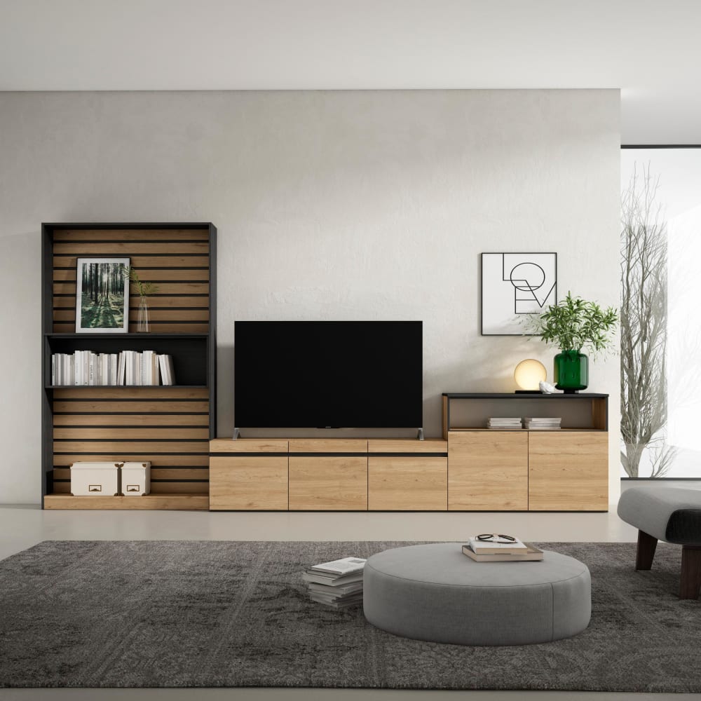 Skraut home Muebles de salón para tv efecto madera roble y negro 360x35x186cm