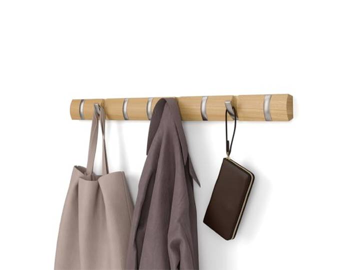 Umbra Flip Patère murale\, 8 crochets\, Matériau naturel/Nickel Bois de pin\, fixation murale incluse\, gain de place\, multi usage\, notice et visserie fournies\, pour manteaux écharpes sacs