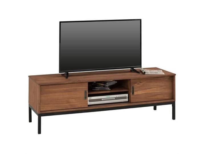 Meuble TV SELMA L 145 cm en bois massif brun foncé au style industriel design vintage avec 2 portes coulissantes