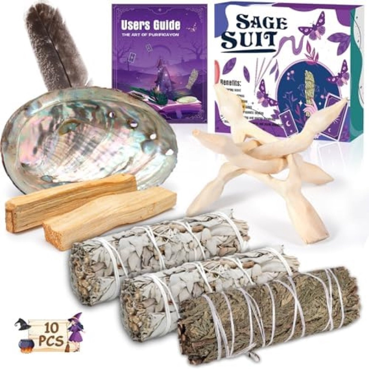 PromoHome Witte Salie Reinigingsset - Complete Spirituele Bundel met Abaloneschelp en Standaard