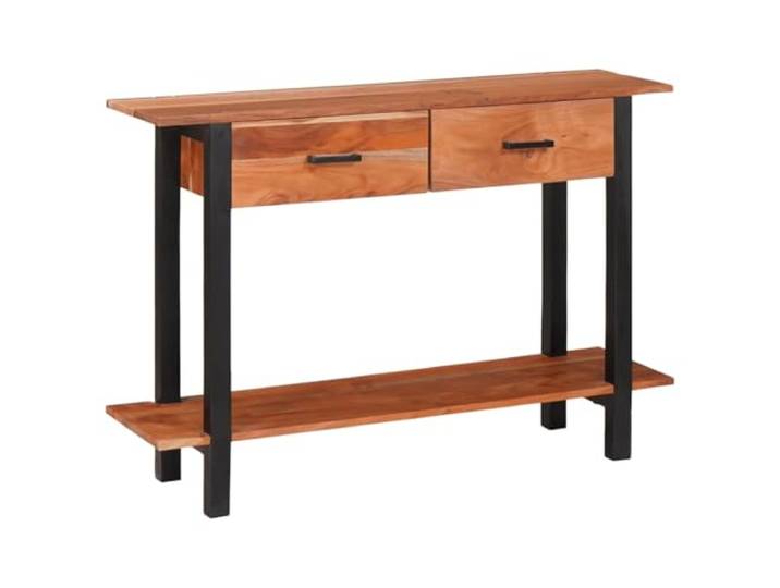Konsolentisch mit Schubladen aus Massivholz Akazie Braun Schwarz 110x30x75 Massivholz Akazie, schwarze Metallakzente, zwei Schubladen, vielseitig nutzbar, einfache Montage