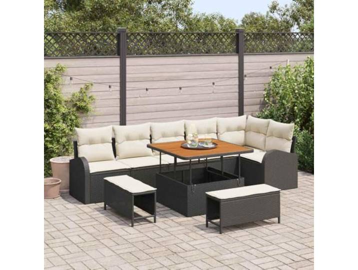 HEFZGDB Garten-Sofa-Set 9 pcs mit Akazienholz Tischplatte und Stauraum, Schwarz Sitzgruppe aus strapazierfähigem Poly-Rattan für Terrasse und Balkon