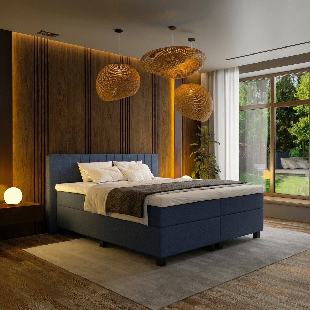 Mörgenn Boxspring Douze met Pocketvering en 12-Baans Hoofdbord, Donkerblauw, 180x220 cm