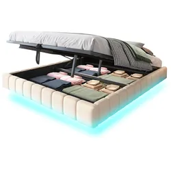 OKWISH Modernes Polsterbett 160x200 cm Beige mit LED Lichtleiste Schwebeoptik Luftdruck Stauraum stabiler Metallrahmen Leinenstoff Doppelbett