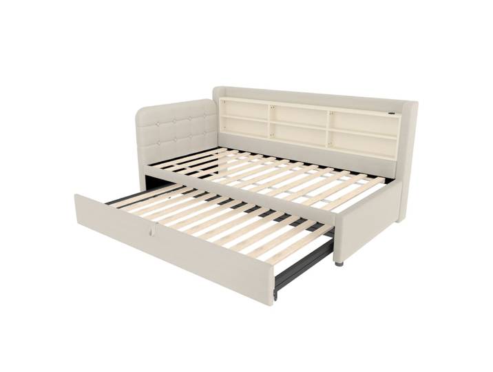 Lit de jour en polyester effet lin beige avec lit gigogne