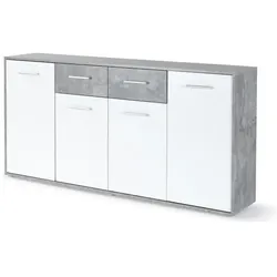 Aucune, Kommode + Sideboard, PILVI Low Sideboard 4 Türen 4 Schubladen - Weisser und hellgrauer Beton (162.30 x 34.20 x 88.10 cm)