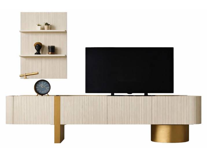Xlmoebel TV-Schrank TV-Lowboard mit Wandregal im fluted Design und Goldakzenten (TV-Lowboard mit Wandregal im fluted Design) Made in Europa