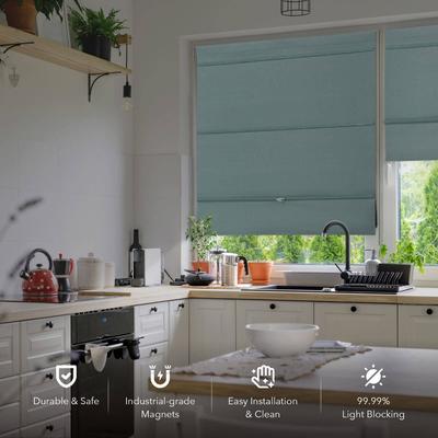 "GoDear Design 99.99% Blackout Magnetic Roman Shades, No Drill Cordless Woven Fabric Blinds - 23"", 37"", 35"", 46"" W, Turquoise"