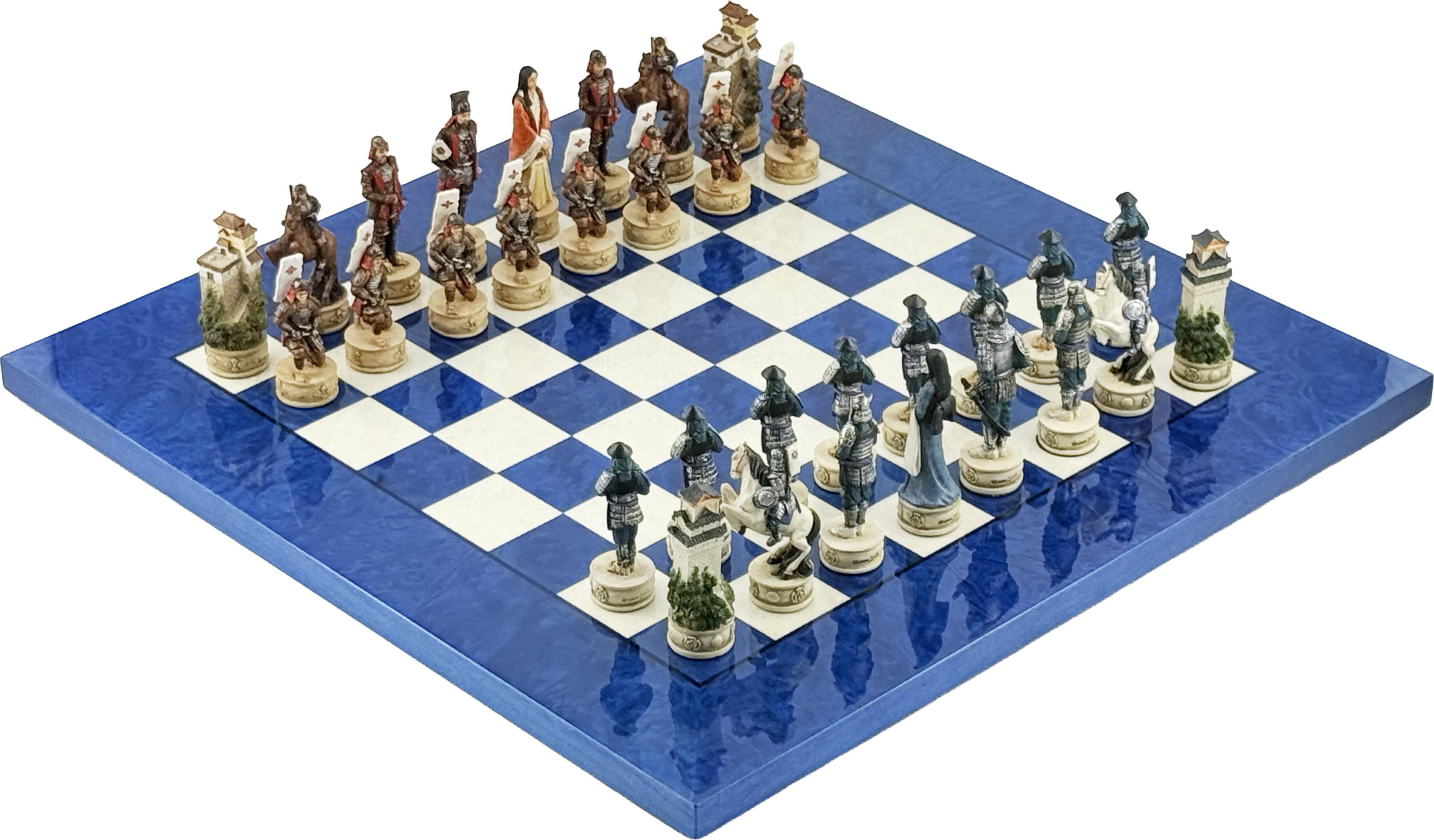 Samurai Schachset mit 8 cm Figuren und Holzbrett 42x42 cm