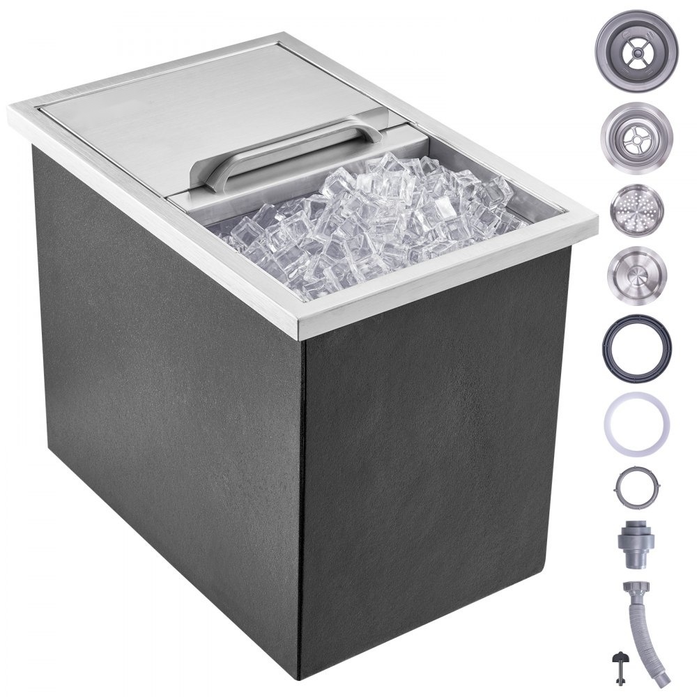 26,7L Drop-in-Eisbox, Edelstahl-Eiskühler 456x304x371mm - Kommerzieller Eisbehälter mit Schiebedeckel - Eingebaute Eisspeichertruhe, Abflussrohr & Ablassstopfen Inklusive