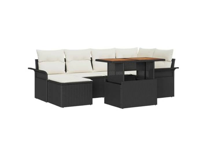 GHVBNMF 7-tlg Gartenmöbel Set Modular Lounge Poly-Rattan Schwarz Creme Höhenverstellbarer Tisch mit Akazienholzplatte und flexible Sitzelemente für bis zu 6 Personen auf der Terrasse