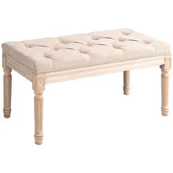 MODFU Sitzbank Polsterbank Vintage Beige 80x40x43 cm mit Knopfheftung, gepolsterter Sitzfläche in Leinenoptik, Massivholzbeine