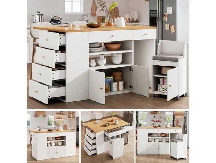 Îlot de cuisine - CIPACHO - Îlot de cuisine - 6 tiroirs - Largeur réglable - Avec tabourets