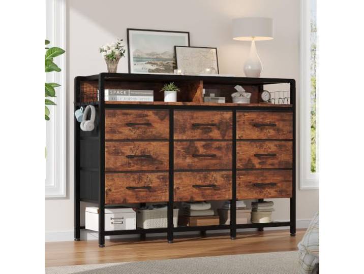 iPormis Kommode, Kommode mit 9 Stoffschubladen, Kommode mit Schubladen, Komodenschrank, Stoffkommode, Für Schlafzimmer, Flur und Wohnzimmer, Rustikales Braun