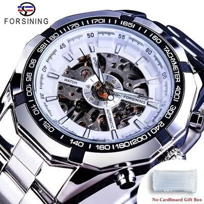 Inspired Finds Forsining Luxury Skeleton Watch Stainless Steel Mechanical Men's Wristwatch With Waterproof Sport Design white Silver