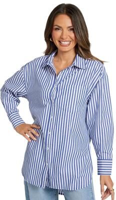 Masseys Everyday Button-Down Casual in Blue/White Stripe, Size Large, Cotton