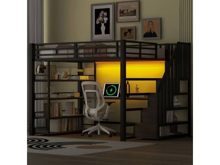 Lit mezzanine - CIPACHO - Mezzanine 140x200 - Bureau & étagères - LED intégrée & port USB - Métal noir