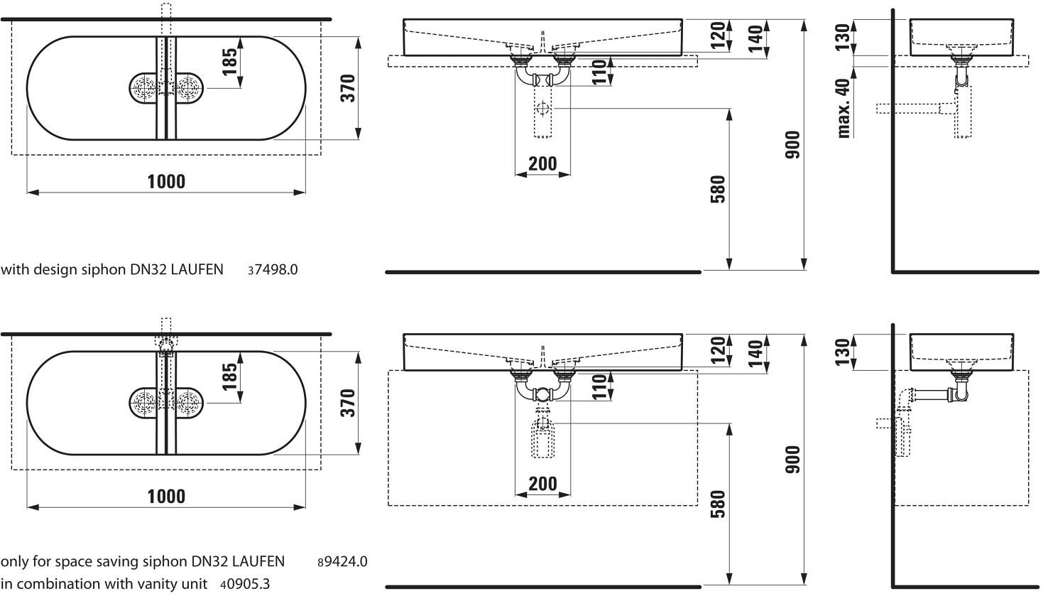 LAUFEN Sonar Doppelwaschtisch-Schale 100 x 37 cm