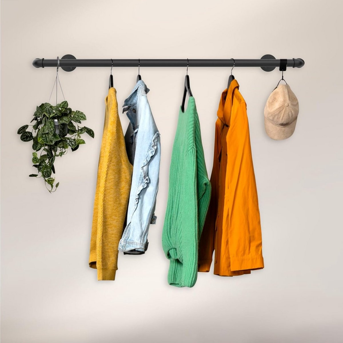 Industriële Kledingstang Muurbevestiging Zwart - Smalle Wandgarderobe