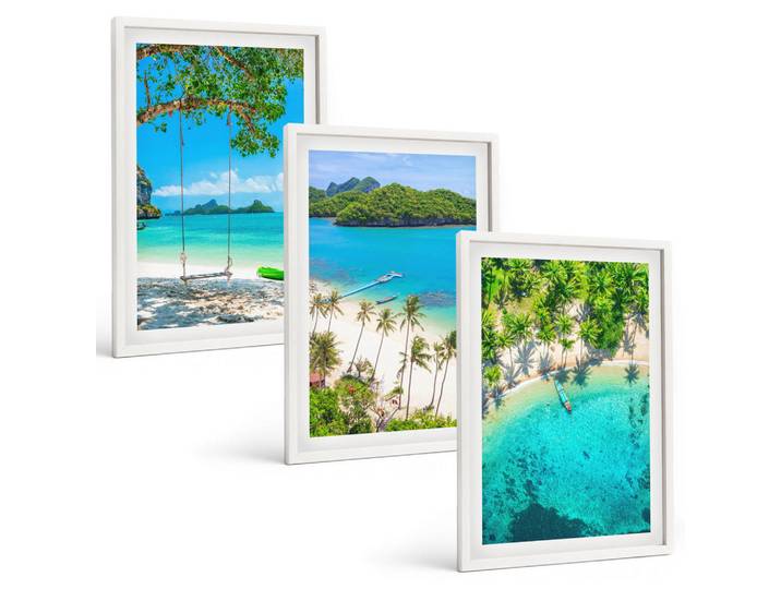 Tulup Bilder SET 3er Set - 40x60 cm Weißer Rahmen - Strände, Palmen, klares Wasser, Kunststoff, Rechteckig, 40x60 cm, einfache und schnelle Anbringung, Bilder & Rahmen, Bilder