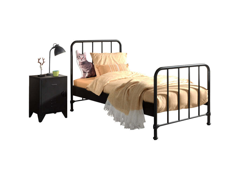Diese BRONXX-Kombination besteht aus dem schwarzen BRONXX-Bett (90x200 cm) und dem passenden schwarzen Nachttisch.
