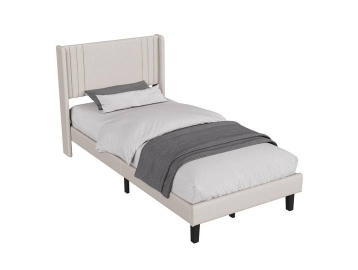 Shopentra Einzelbett 90x200 Grau Leinen, Lattenrost, Stauraum, Holz, Schlafzimmer, Betten
