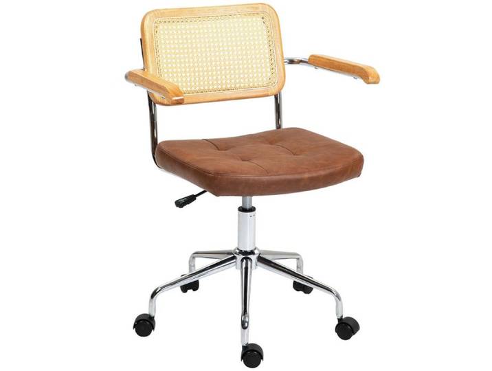 Chaise de bureau vintage acier bois effet capitonné rotin