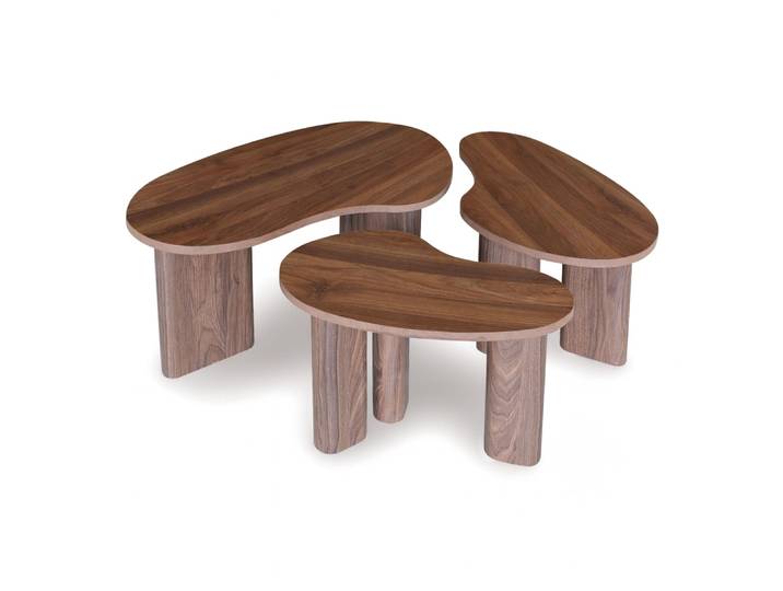 Lot de 3 tables basses aux formes organiques effet bois de noyer