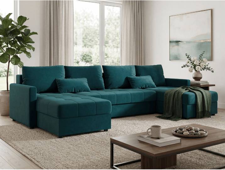 AKTION Ausziehbares Sofa in U-Form VENORIA 285x146 cm, petrol + 2 Kissen GRATIS II. Wahl