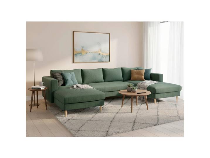 Trendmanufaktur Wohnlandschaft, Dunkelgrün, Holz, Buche, 6-Sitzer, U-Form, 306x161 cm, Rücken echt, Armteil links, rechts, Wohnzimmer, Sofas & Couches, Wohnlandschaften, Wohnlandschaft U-Form