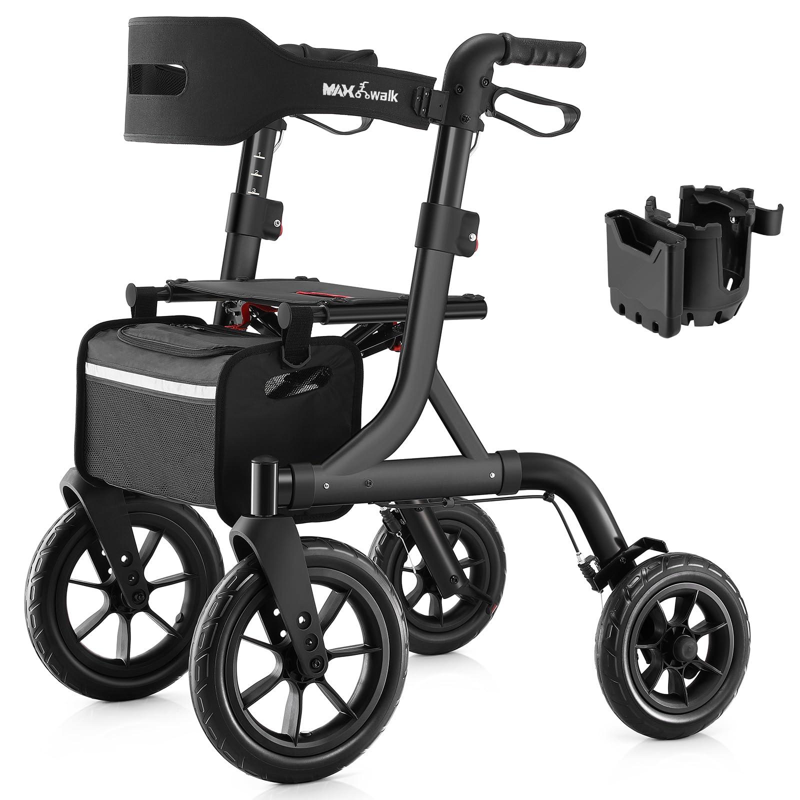 Rollator - Leichtgewicht, klappbar - 30 cm Gummiräder - Aluminium, höhenverstellbar - Schwarz - Für Innen- und Außenbereich