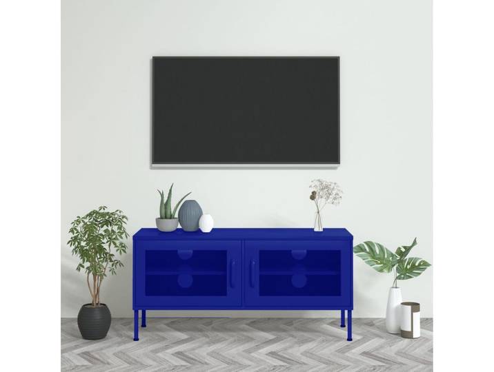 furnicato TV-Schrank 105 x 35 x 50 cm Marineblau (1-St) Stabiles Lowboard mit Kabeldurchlässen und Gittertüren für Wohnraum