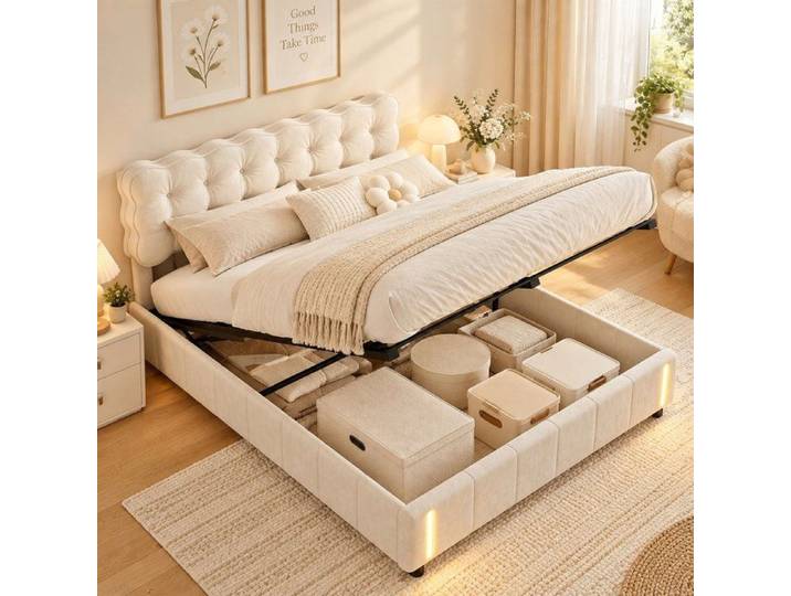Lit coffre 140x200 cm avec LED Lit capitonne avec sommier a lattes Lit adulte Velours Beige