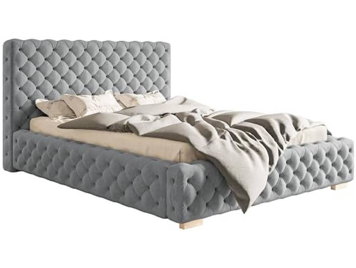 Emporius Doppelbett Chesterfield 200x200 cm Adonis - Polsterbett mit Bettkasten, Lattenrost, Samtstoff, Glamour Stil - Grau (Jasmine 90)