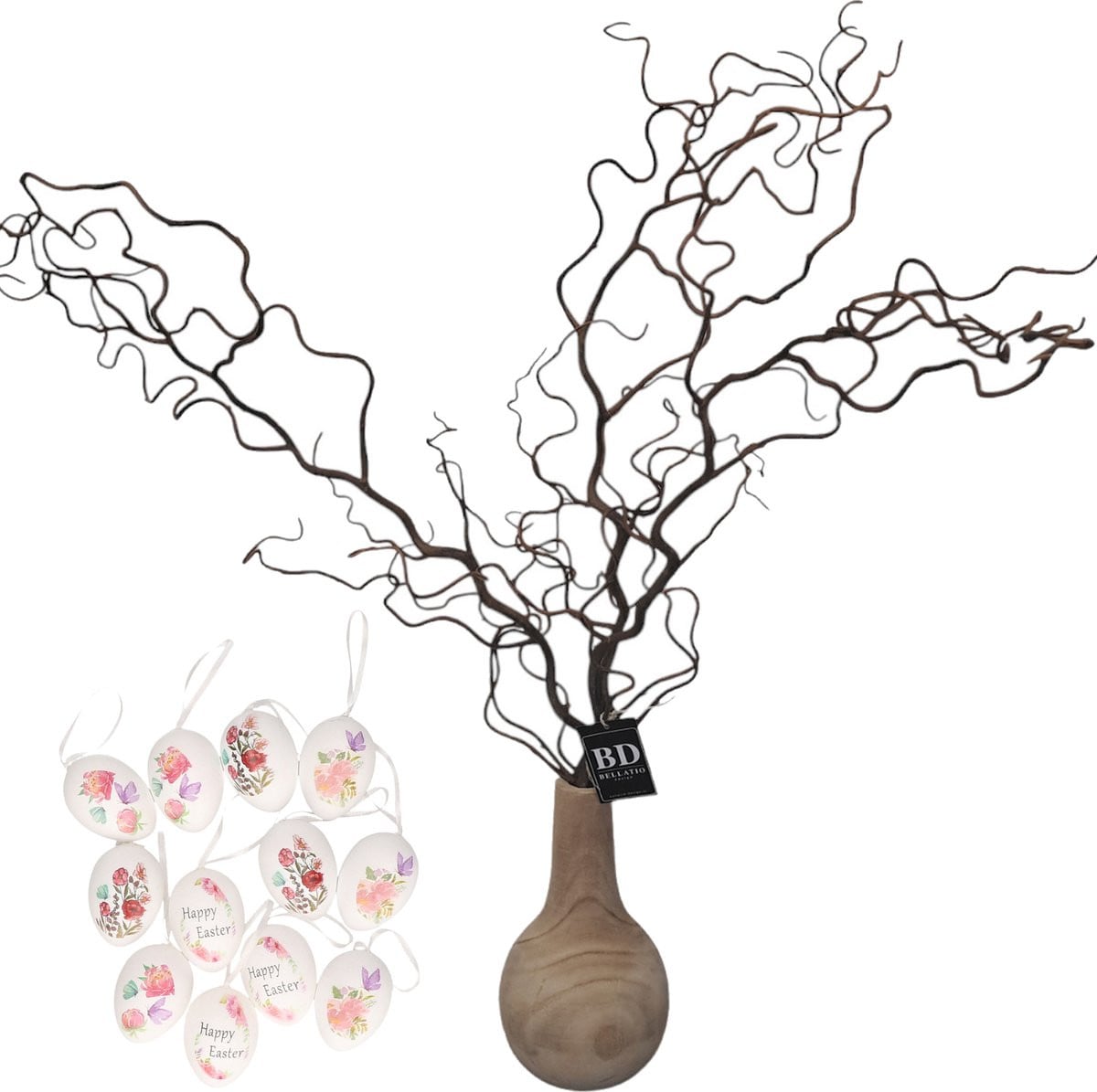 Bellatio Design Kronkelhazelaar kunst paastak met paaseieren - 87 cm - Paasdecoratie